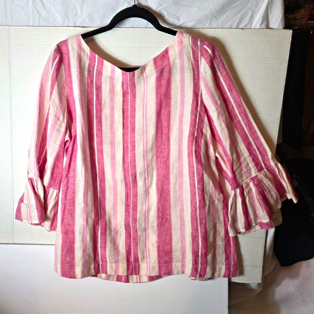 Charter Club Pink White Striped Boat Neck 3/4 Sleeve Ruffle Blouse Size L